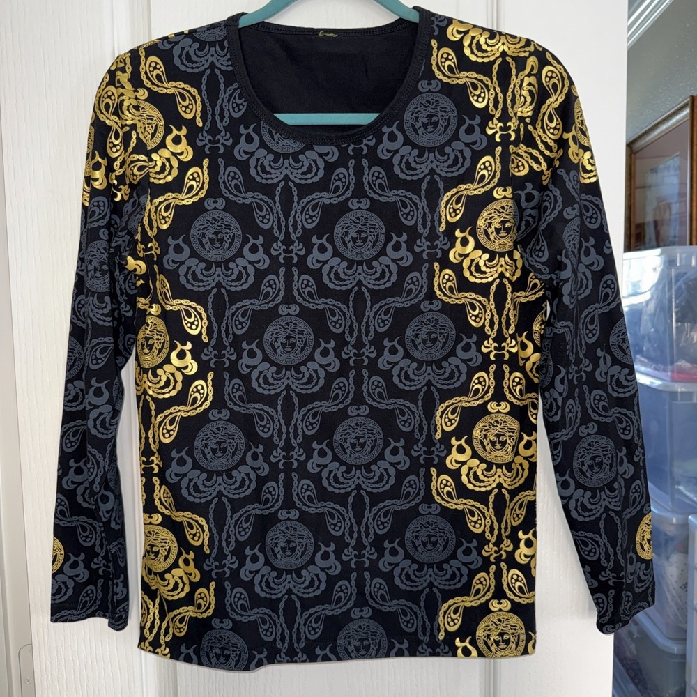 Ladies Long Sleeve Shirt Black Gold‎ Stretch Fancy Elegant Medium See Note 5518